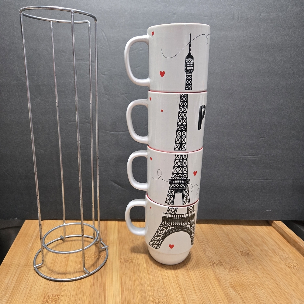 Set of 4 Paris Eiffel Tower Paris Coffee Mug Tea Cups Stackable With Holder